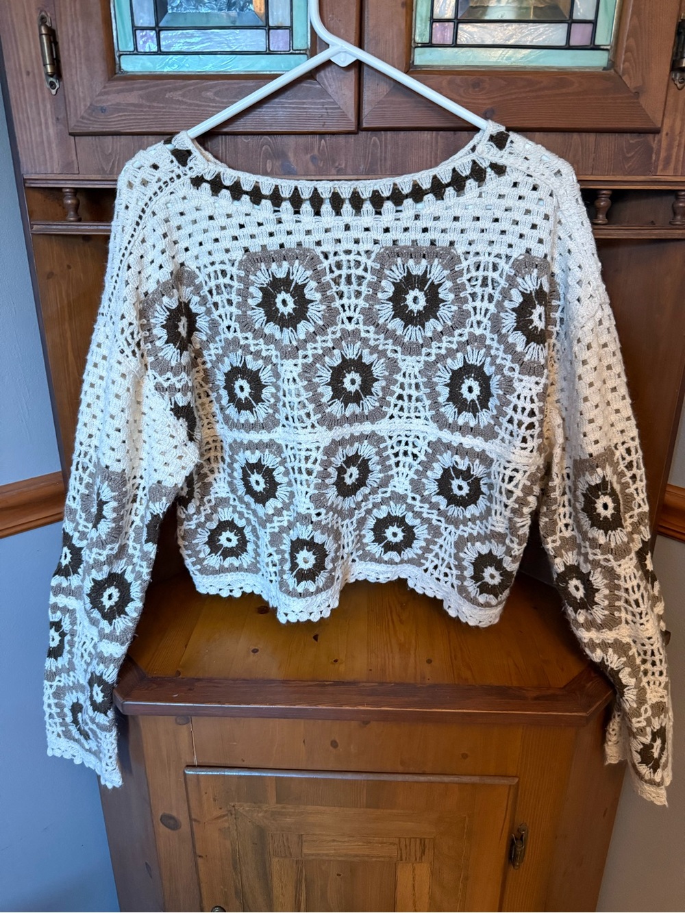 Rebellion Again crocheted sweater is a boho-style, open-knit cropped pullover L - Picture 2 of 10
